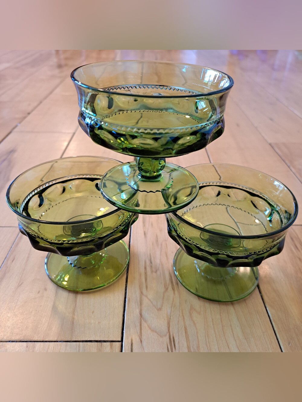 Set of 3 INDIANA GLASS KINGS Crown Olive Green Thumbprint Sherbet Dessert Dish - Picture 1 of 8